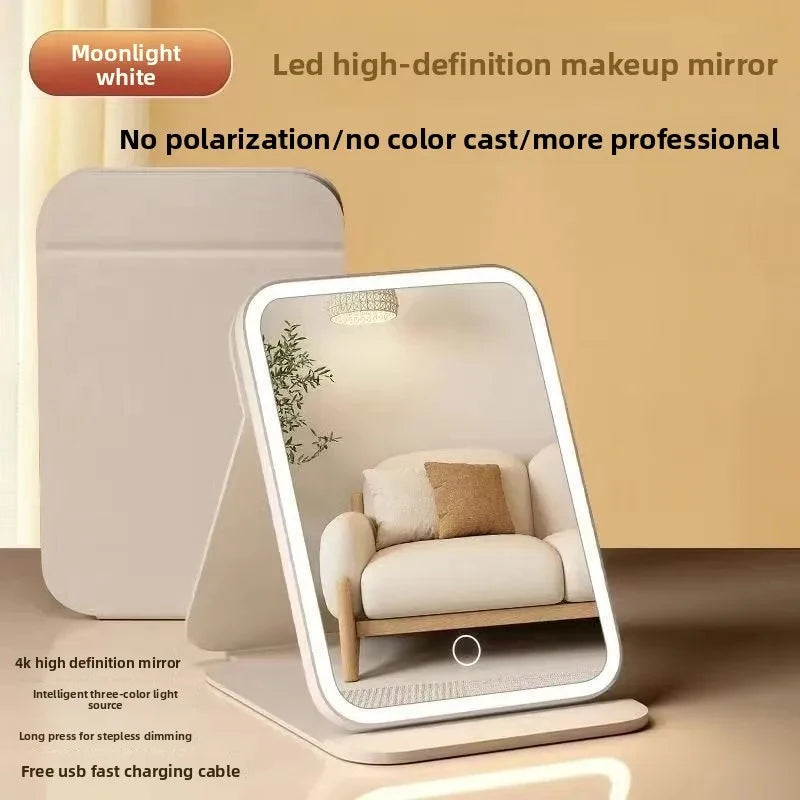 LED Makeup Mirror Desktop with Light, Ins style,Three-sided Folding, Dormitory Desktop, Beauty and Bedroom Dressing Mirror,