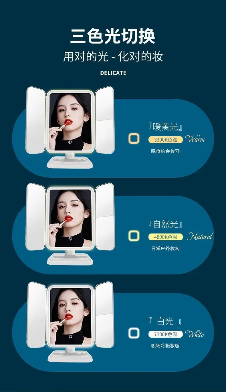 LED Makeup Mirror Desktop with Light, Ins style,Three-sided Folding, Dormitory Desktop, Beauty and Bedroom Dressing Mirror,