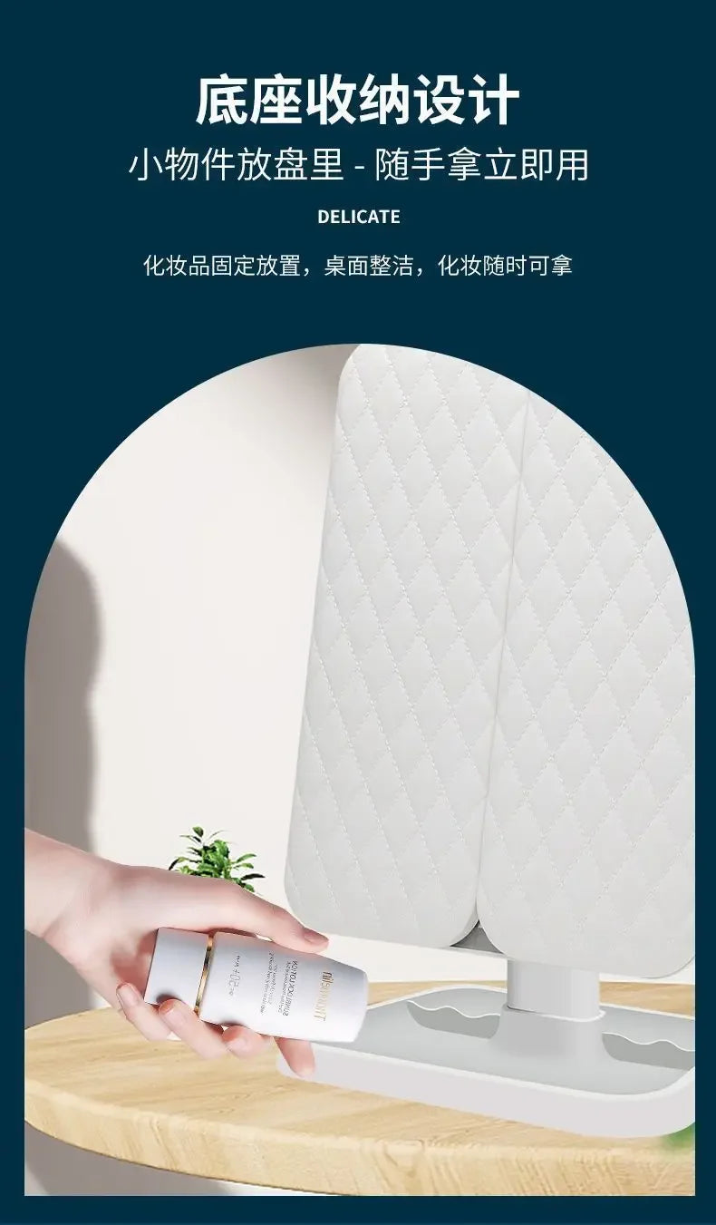 LED Makeup Mirror Desktop with Light, Ins style,Three-sided Folding, Dormitory Desktop, Beauty and Bedroom Dressing Mirror,