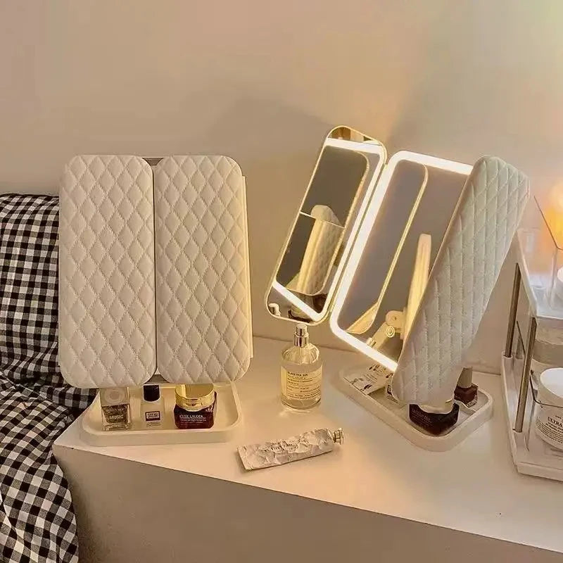 LED Makeup Mirror Desktop with Light, Ins style,Three-sided Folding, Dormitory Desktop, Beauty and Bedroom Dressing Mirror,