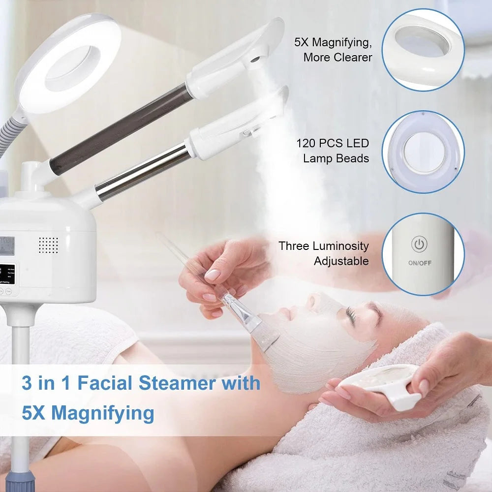 Facial Steamer Hot Cold Steam - 3-in-1 Nano Ionic Humidifier with LED Magnifying Lamp