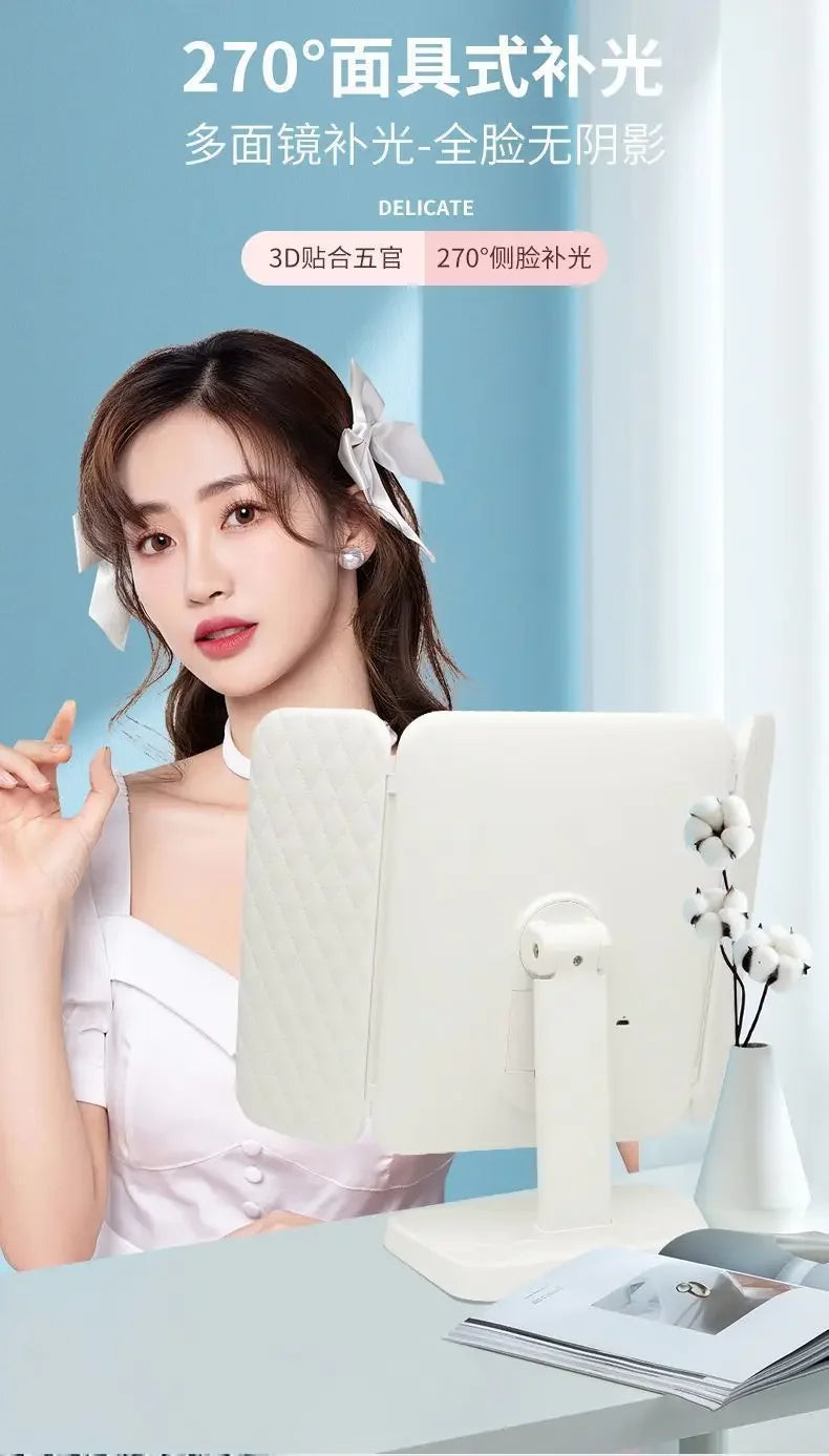 LED Makeup Mirror Desktop with Light, Ins style,Three-sided Folding, Dormitory Desktop, Beauty and Bedroom Dressing Mirror,