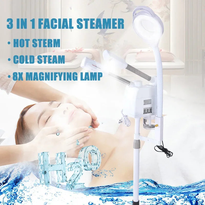Facial Steamer Hot Cold Steam - 3-in-1 Nano Ionic Humidifier with LED Magnifying Lamp