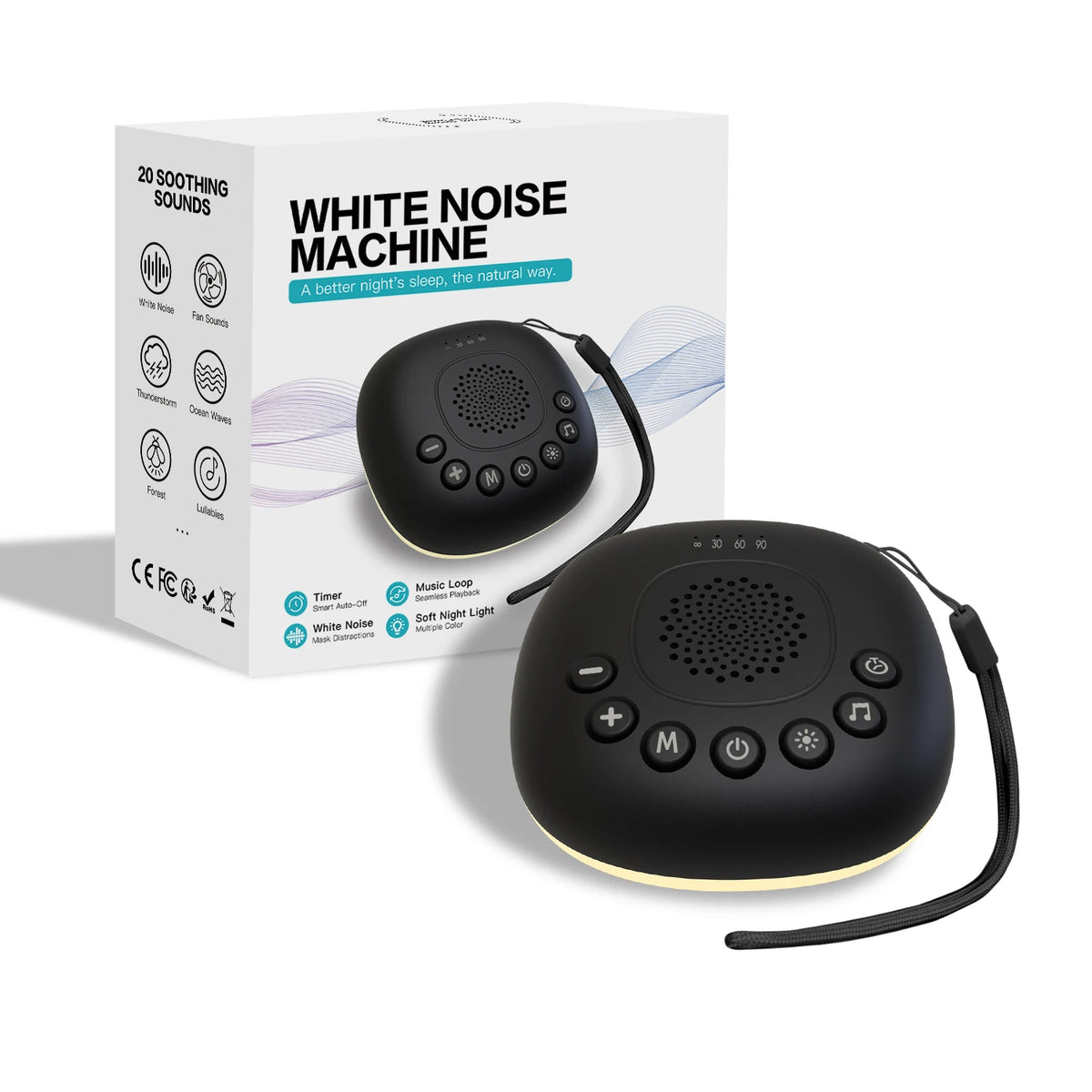 White Noise Machine with 20 Soothing Sounds, Night Light Timer, Portable Sound Machine for Baby, Adult, Travel, Studying, Office
