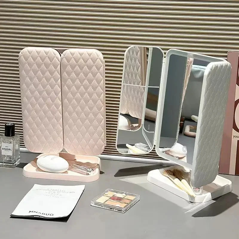LED Makeup Mirror Desktop with Light, Ins style,Three-sided Folding, Dormitory Desktop, Beauty and Bedroom Dressing Mirror,