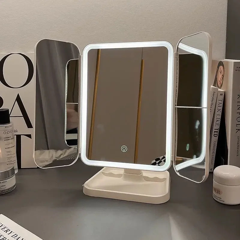 LED Makeup Mirror Desktop with Light, Ins style,Three-sided Folding, Dormitory Desktop, Beauty and Bedroom Dressing Mirror,