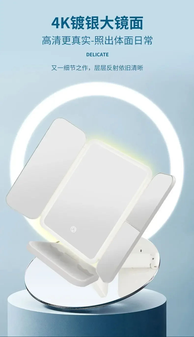 LED Makeup Mirror Desktop with Light, Ins style,Three-sided Folding, Dormitory Desktop, Beauty and Bedroom Dressing Mirror,