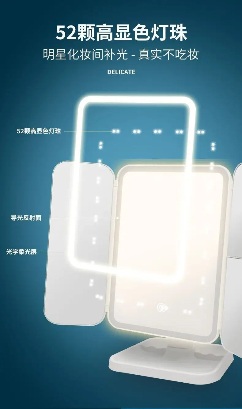 LED Makeup Mirror Desktop with Light, Ins style,Three-sided Folding, Dormitory Desktop, Beauty and Bedroom Dressing Mirror,