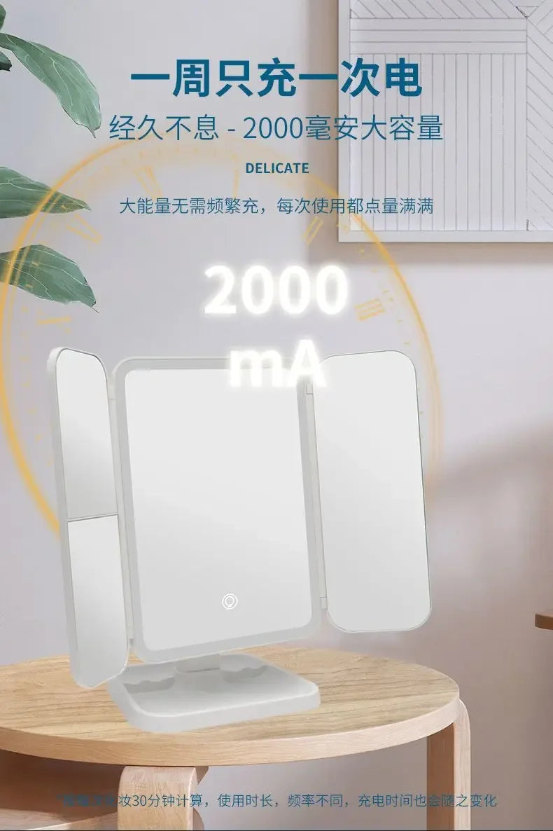 LED Makeup Mirror Desktop with Light, Ins style,Three-sided Folding, Dormitory Desktop, Beauty and Bedroom Dressing Mirror,