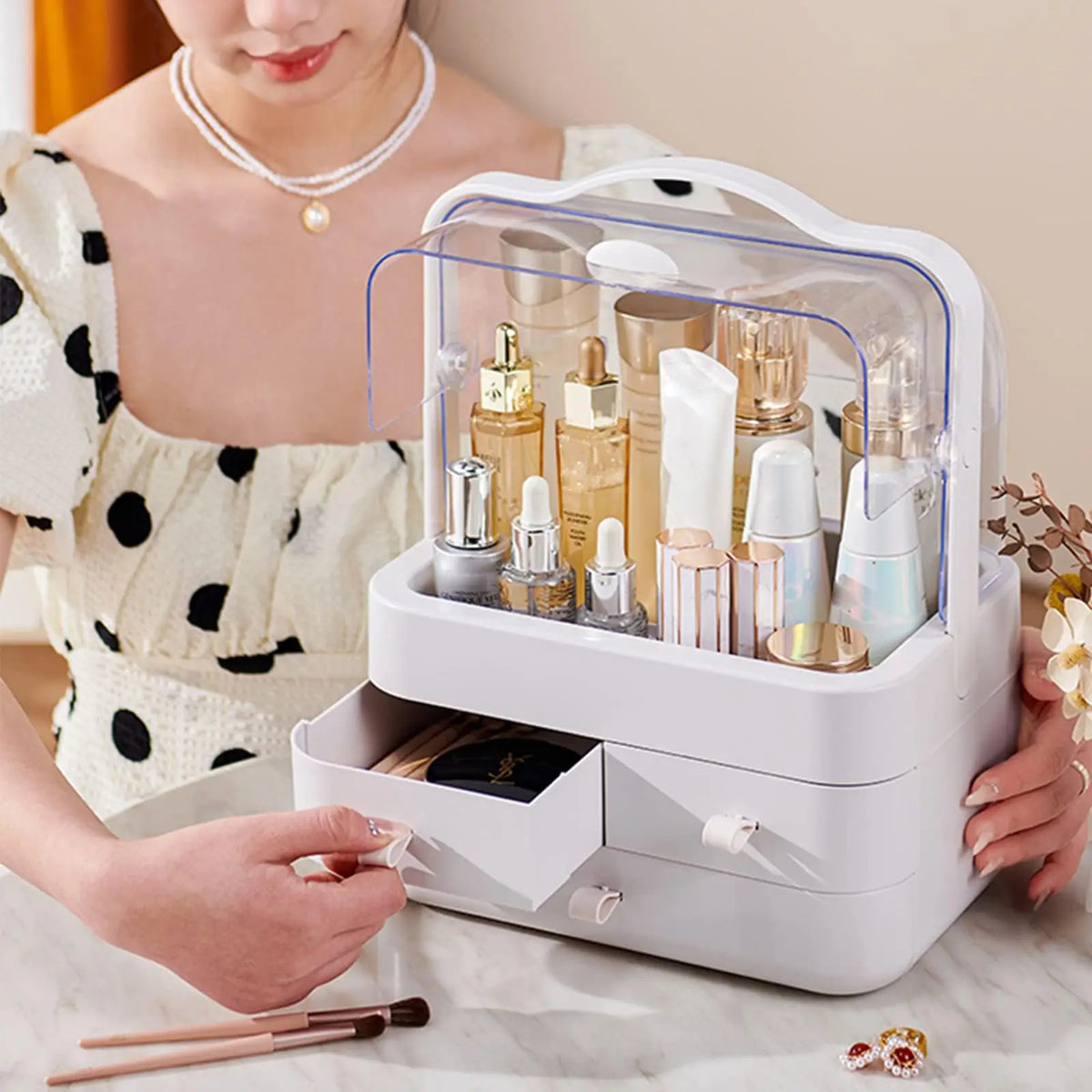 Cosmetic Organizer Countertop Organizer For Dresser With Lid And Drawer Countertop Waterproof And Dustproof Skin Care Organizer