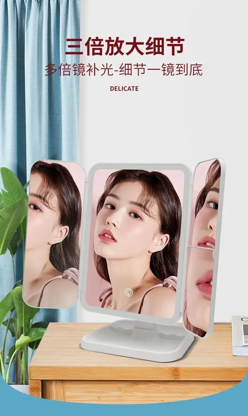 LED Makeup Mirror Desktop with Light, Ins style,Three-sided Folding, Dormitory Desktop, Beauty and Bedroom Dressing Mirror,