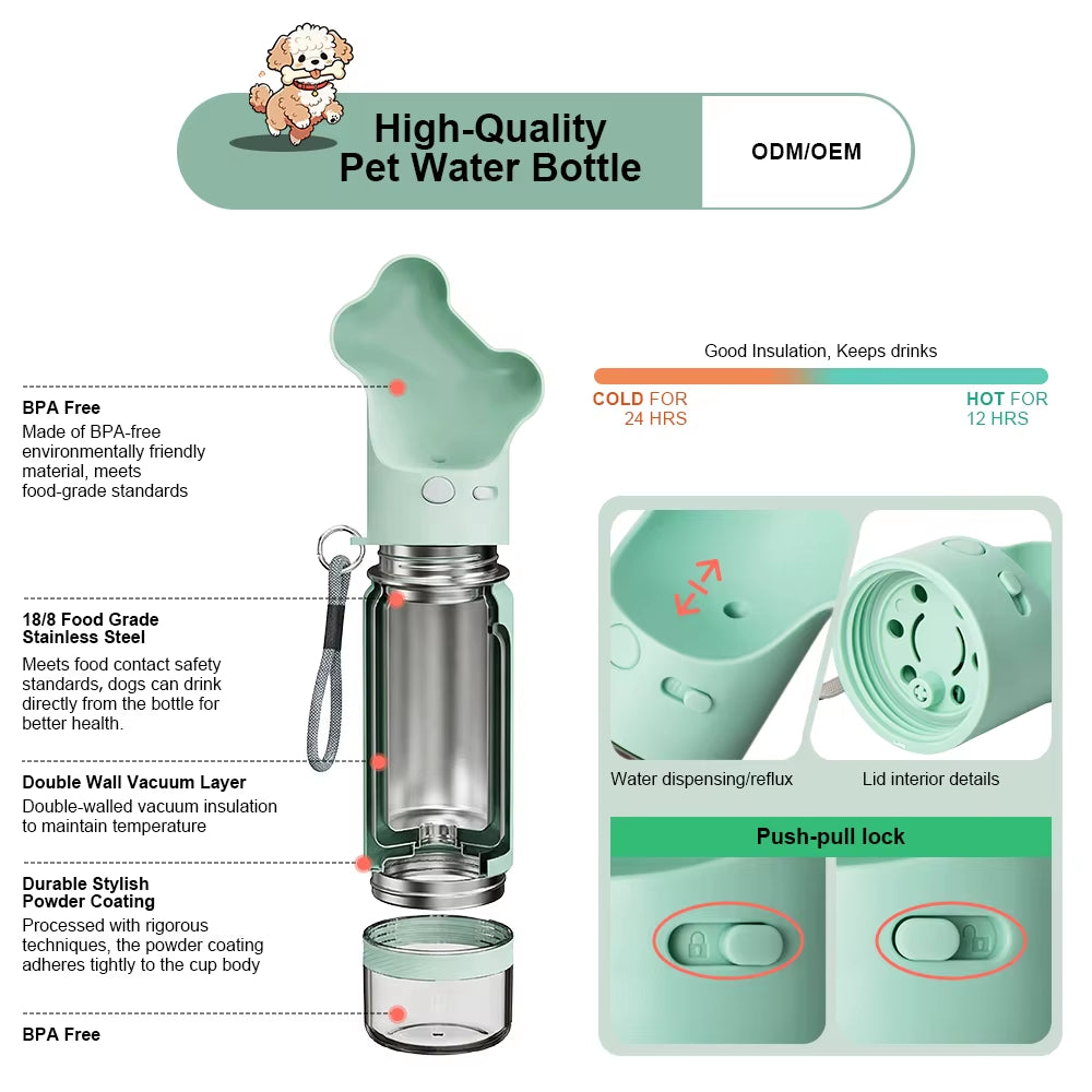 2 in 1 Stainless Steel Outdoor 12Oz Pet Water Bottle with Eco Friendly Food Container for Dogs and Cats Travel Water Bowl
