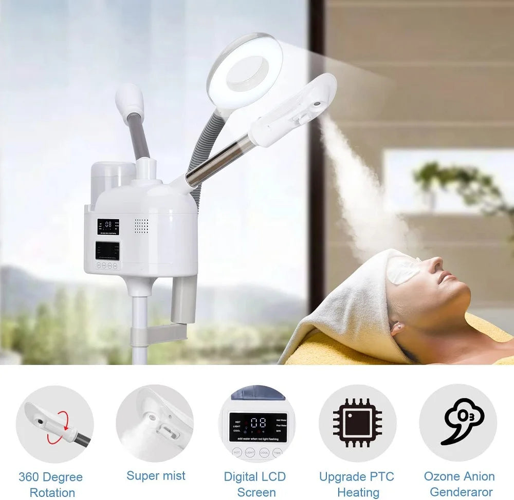 Facial Steamer Hot Cold Steam - 3-in-1 Nano Ionic Humidifier with LED Magnifying Lamp
