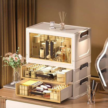 Multi-functional 3 Tier Cosmetic Organizer,Foldable Makeup Organizer,Desktop Dresser,Organizer Drawers,Stackable&DustproofDesign