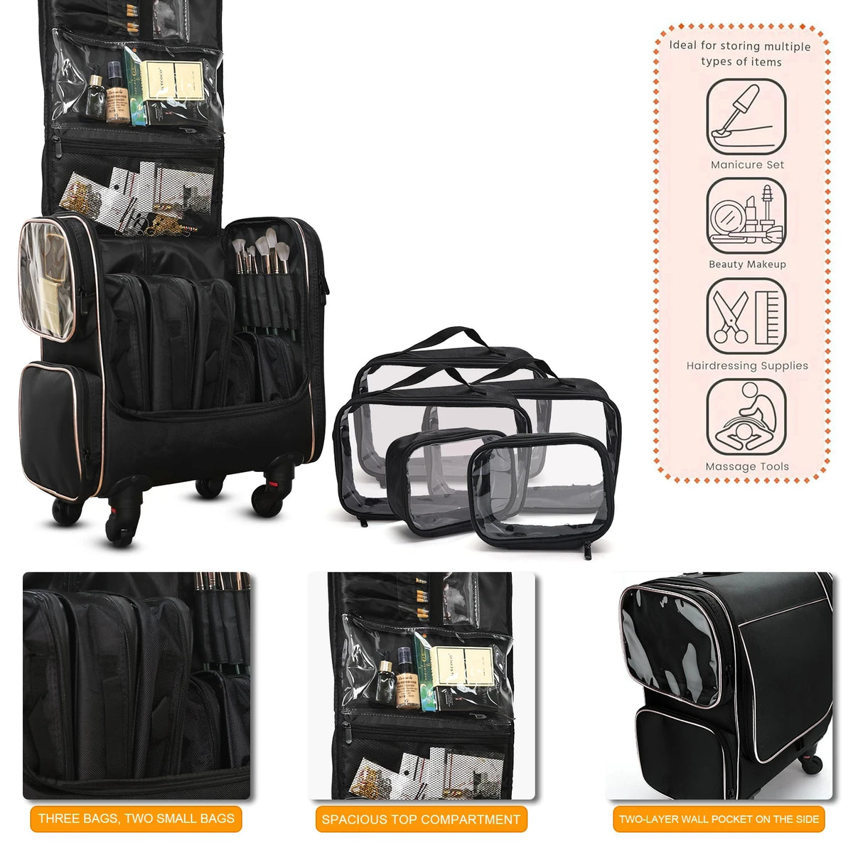 Travel Makeup Artist Bag with Wheels Cosmetic Brush Storage Beauty Tool Organizer Rolling Suitcase for Artists
