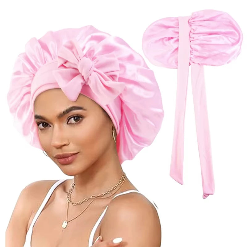 Satin Bonnet for Sleeping Women Silk Sleep Bonnet for Curly Hair Wrap with Elastic Tie Band Night Cap Wine Red