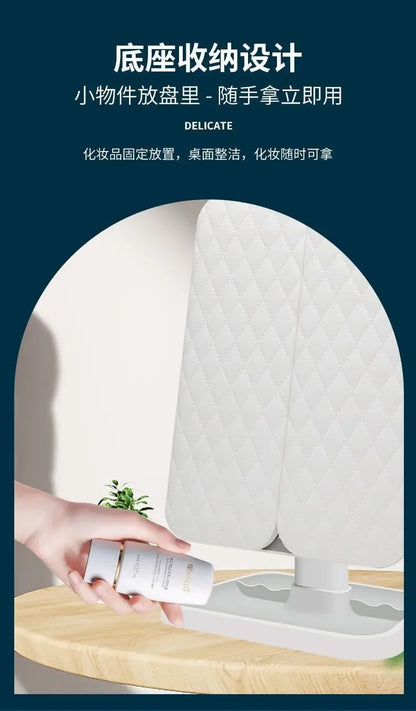LED Makeup Mirror Desktop with Light, Ins style，Three-sided Folding, Dormitory Desktop, Beauty and Bedroom Dressing Mirror，