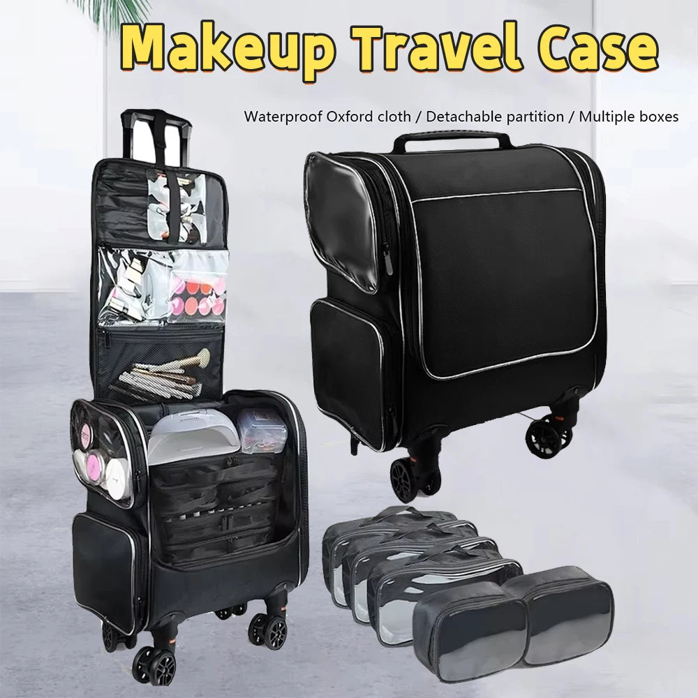 Travel Makeup Artist Bag with Wheels Cosmetic Brush Storage Beauty Tool Organizer Rolling Suitcase for Artists
