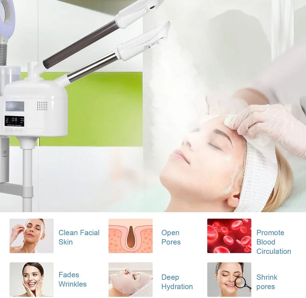 Facial Steamer Hot Cold Steam - 3-in-1 Nano Ionic Humidifier with LED Magnifying Lamp