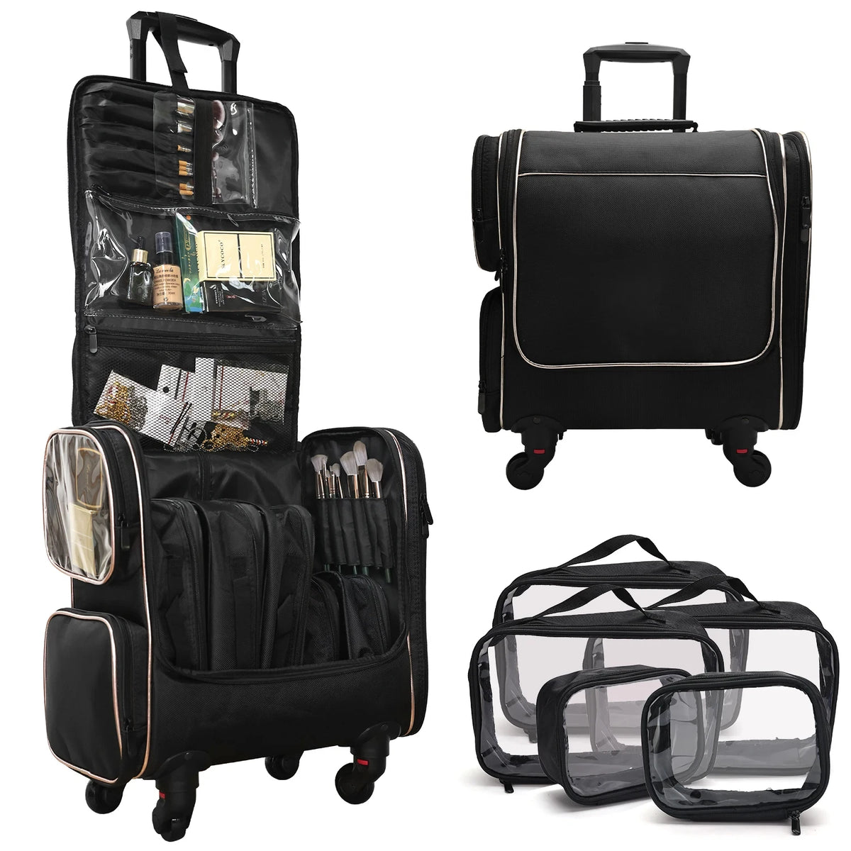Travel Makeup Artist Bag with Wheels Cosmetic Brush Storage Beauty Tool Organizer Rolling Suitcase for Artists