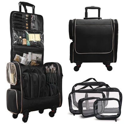 Travel Makeup Artist Bag with Wheels Cosmetic Brush Storage Beauty Tool Organizer Rolling Suitcase for Artists