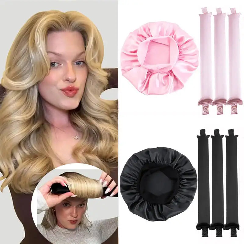 Heatless Curling Set - No Heat Overnight Curling Rod &amp; Bonnet | Spring/Summer Frizz-Free Waves, Sleep-Friendly DIY Styling 4pcs