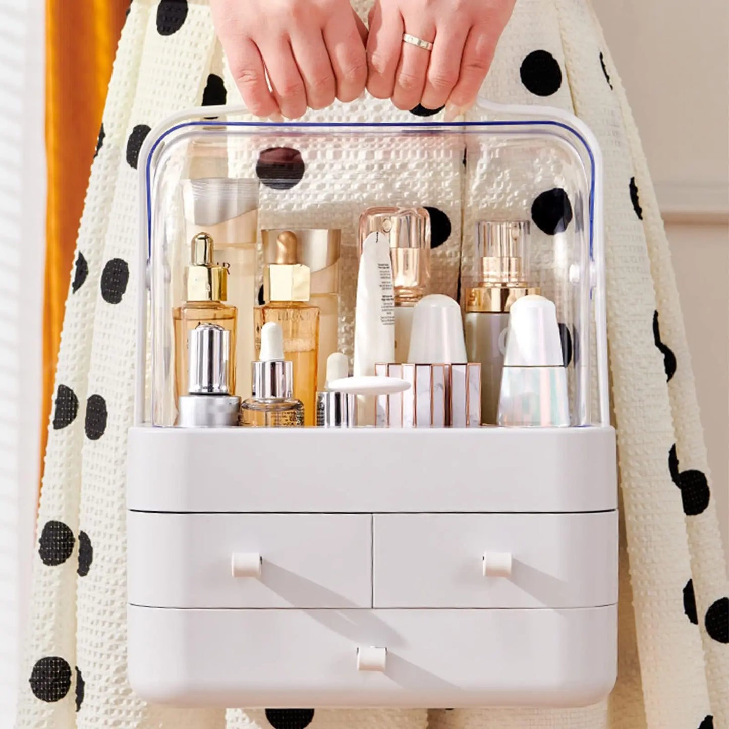 Cosmetic Organizer  Countertop Organizer For Dresser With Lid And Drawer Countertop Waterproof And Dustproof Skin Care Organizer