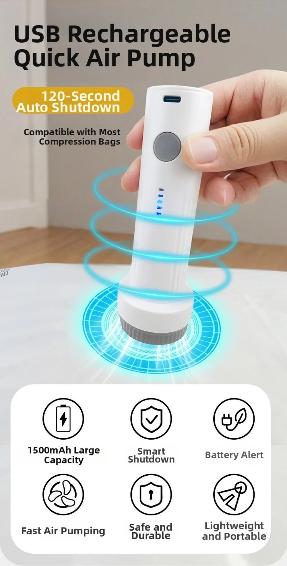 Rechargeable Electric Vacuum Pump Low Noise Portable Compressed Bag Air Pump Lightweight Mini Vacuum Bag Suction Pump Travel