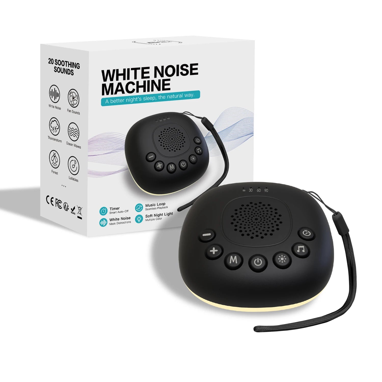 White Noise Machine with 20 Soothing Sounds, Night Light Timer, Portable Sound Machine for Baby, Adult, Travel, Studying, Office