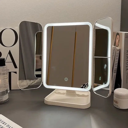 LED Makeup Mirror Desktop with Light, Ins style，Three-sided Folding, Dormitory Desktop, Beauty and Bedroom Dressing Mirror，