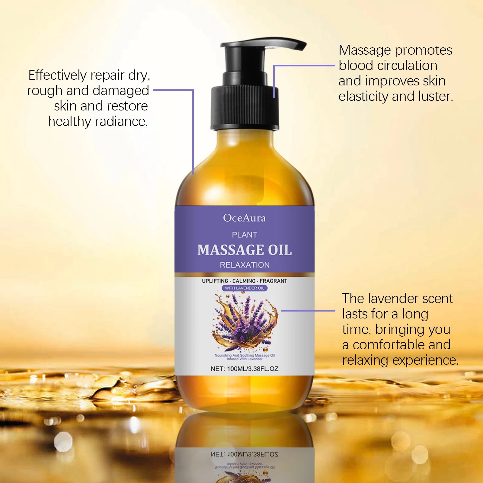 Lavender Essential Oil Moisturizing Body Skin Smoothing Soft Stress Relief Muscle Sore Help Sleep Spa Relaxing Massage Oil