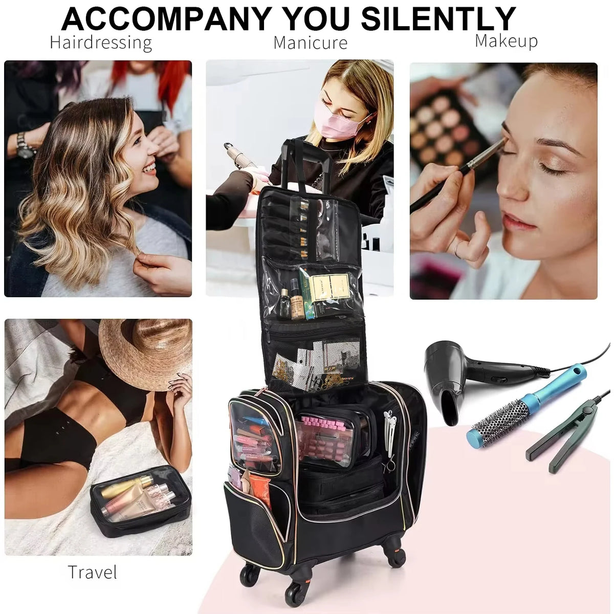 Travel Makeup Artist Bag with Wheels Cosmetic Brush Storage Beauty Tool Organizer Rolling Suitcase for Artists