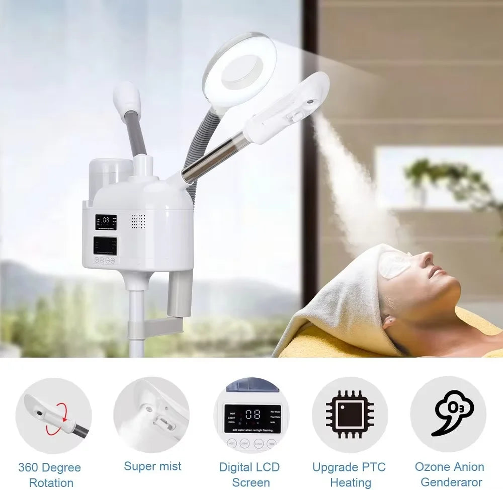 Facial Steamer Hot Cold Steam - 3-in-1 Nano Ionic Humidifier with LED Magnifying Lamp
