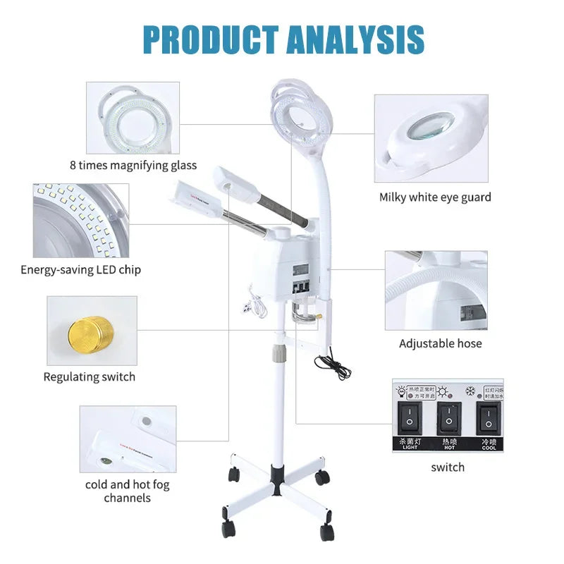 Facial Steamer Hot Cold Steam - 3-in-1 Nano Ionic Humidifier with LED Magnifying Lamp