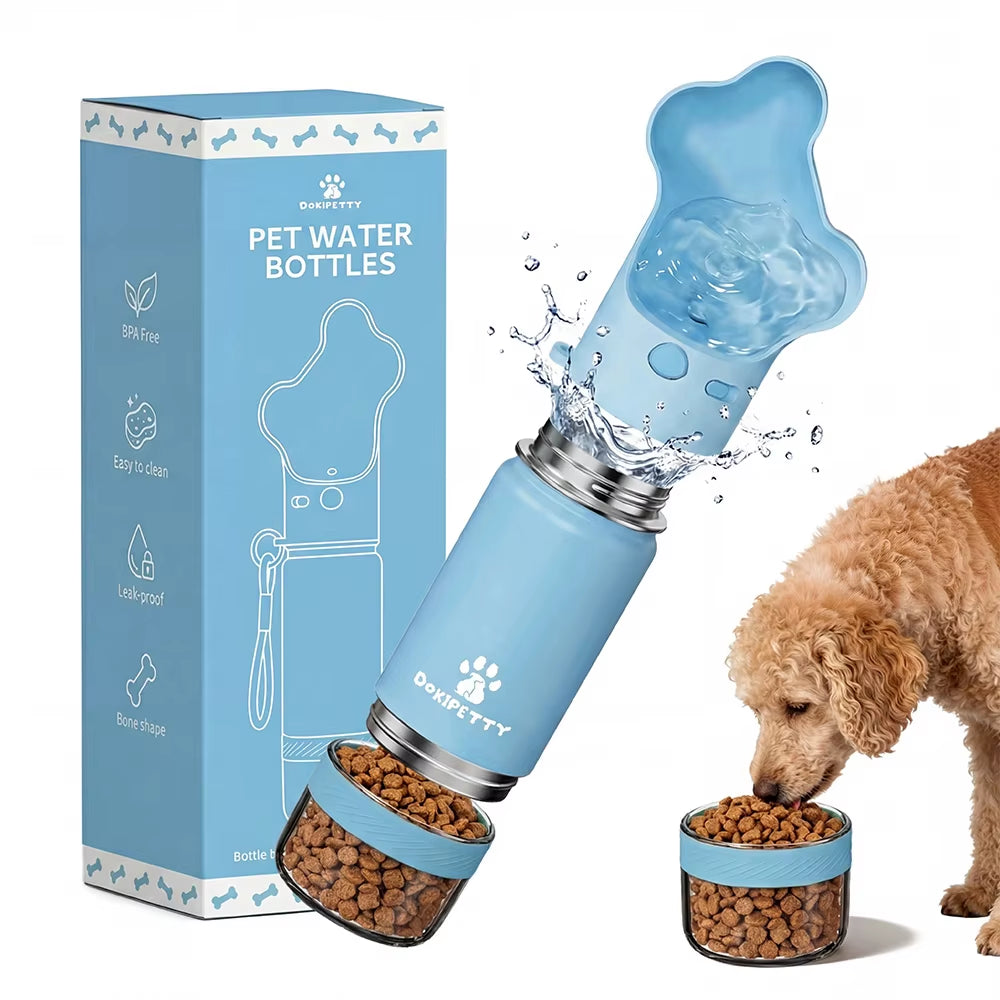 2 in 1 Stainless Steel Outdoor 12Oz Pet Water Bottle with Eco Friendly Food Container for Dogs and Cats Travel Water Bowl
